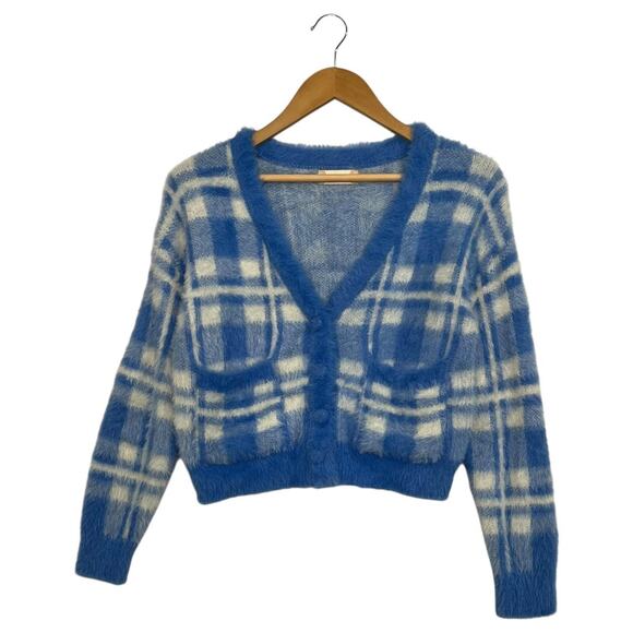 Altard State Cardigan Sweater Womens Small Blue White Fuzzy Plaid Cropped - Picture 1 of 13
